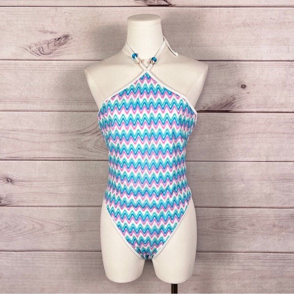 L*Space Mirabella One Piece Swimsuit Halter ZigZag Blue Purple Sz M - Picture 1 of 12